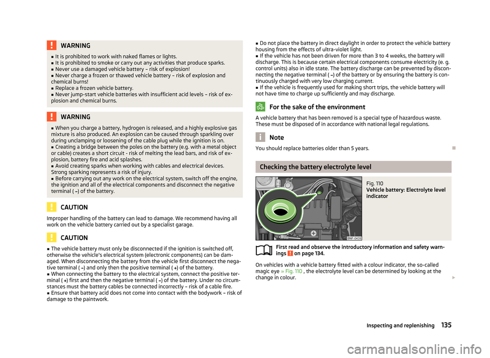 SKODA CITIGO 2013 1.G Owners Manual WARNING■It is prohibited to work with naked flames or lights.■It is prohibited to smoke or carry out any activities that produce sparks.■
Never use a damaged vehicle battery – risk of explosio