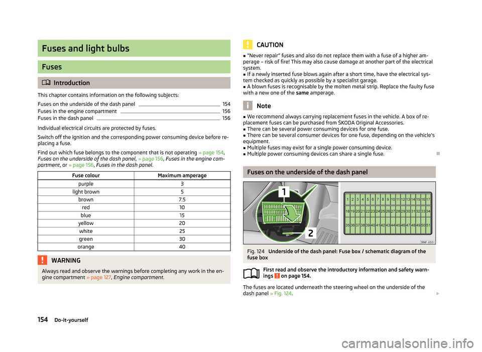 SKODA CITIGO 2013 1.G Owners Manual Fuses and light bulbs
Fuses
Introduction
This chapter contains information on the following subjects:
Fuses on the underside of the dash panel
154
Fuses in the engine compartment
156
Fuses in the d SKODA CITIGO 2013 1.G Owners Manual Fuses and light bulbs
Fuses
Introduction
This chapter contains information on the following subjects:
Fuses on the underside of the dash panel
154
Fuses in the engine compartment
156
Fuses in the d
