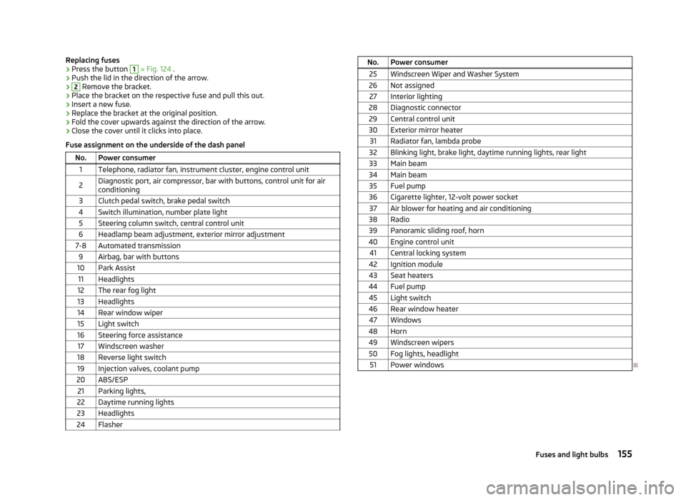 SKODA CITIGO 2013 1.G Owners Manual Replacing fuses›Press the button 1 » Fig. 124  .›
Push the lid in the direction of the arrow.
›2
 Remove the bracket.
›
Place the bracket on the respective fuse and pull this out.
›
Insert 