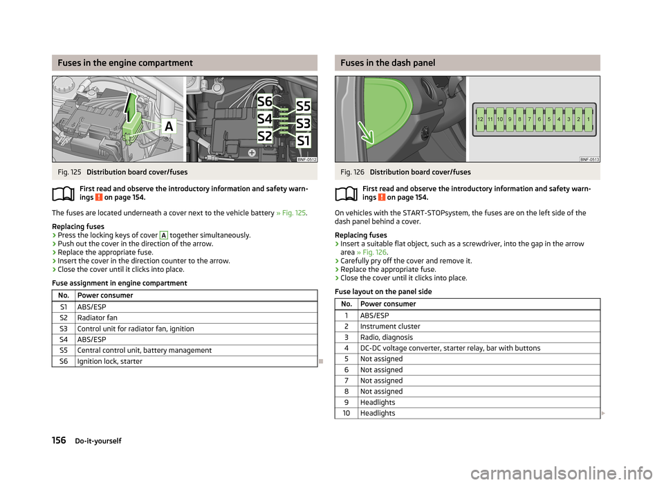 SKODA CITIGO 2013 1.G Service Manual Fuses in the engine compartmentFig. 125 
Distribution board cover/fuses
First read and observe the introductory information and safety warn-
ings 
 on page 154.
The fuses are located underneath a cove