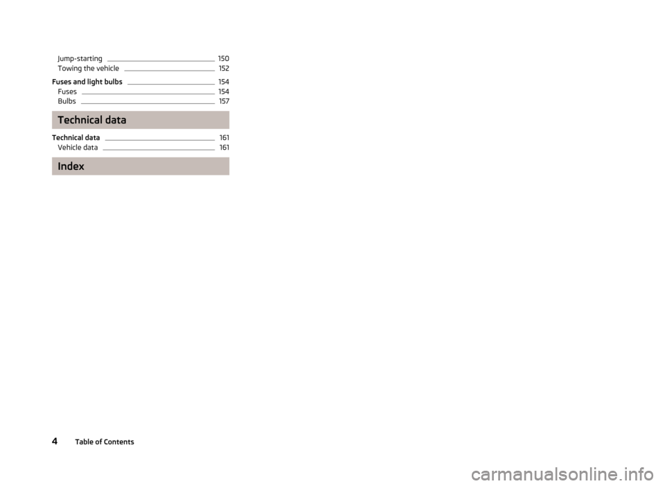 SKODA CITIGO 2013 1.G Owners Manual Jump-starting150Towing the vehicle152
Fuses and light bulbs
154
Fuses
154
Bulbs
157
Technical data
Technical data
161
Vehicle data
161
Index
4Table of Contents SKODA CITIGO 2013 1.G Owners Manual Jump-starting150Towing the vehicle152
Fuses and light bulbs
154
Fuses
154
Bulbs
157
Technical data
Technical data
161
Vehicle data
161
Index
4Table of Contents