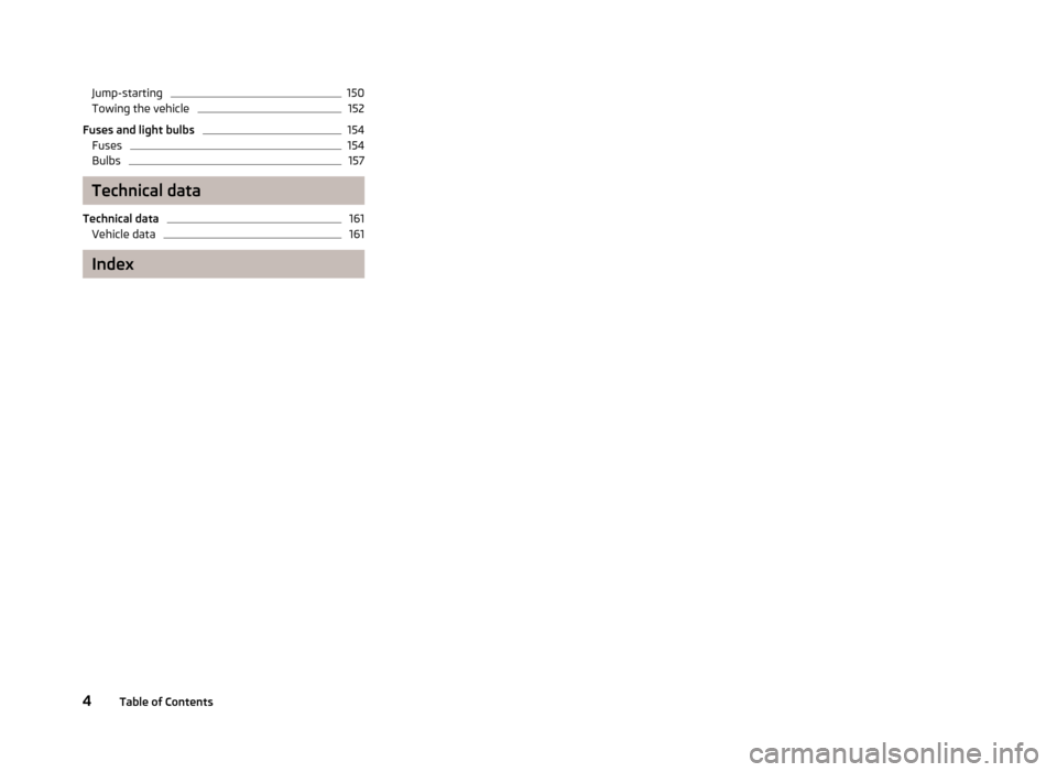 SKODA CITIGO 2013 1.G Owners Manual Jump-starting150Towing the vehicle152
Fuses and light bulbs
154
Fuses
154
Bulbs
157
Technical data
Technical data
161
Vehicle data
161
Index
4Table of Contents 