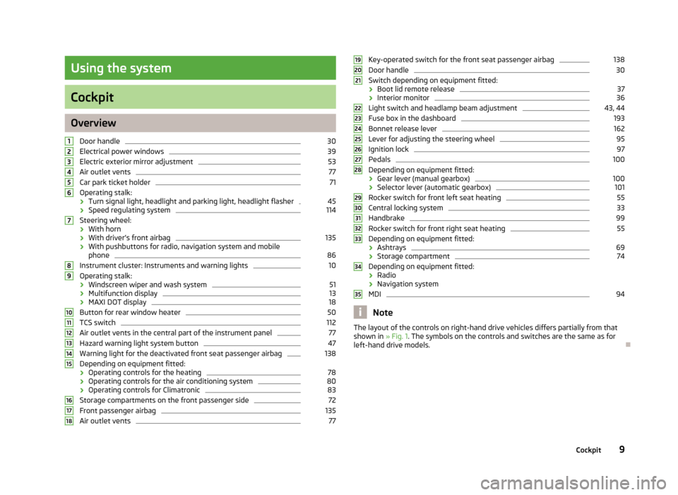 SKODA FABIA 2013 2.G / 5J User Guide Using the system
Cockpit
OverviewDoor handle
30
Electrical power windows
39
Electric exterior mirror adjustment
53
Air outlet vents
77
Car park ticket holder
71
Operating stalk:
› Turn signal light,