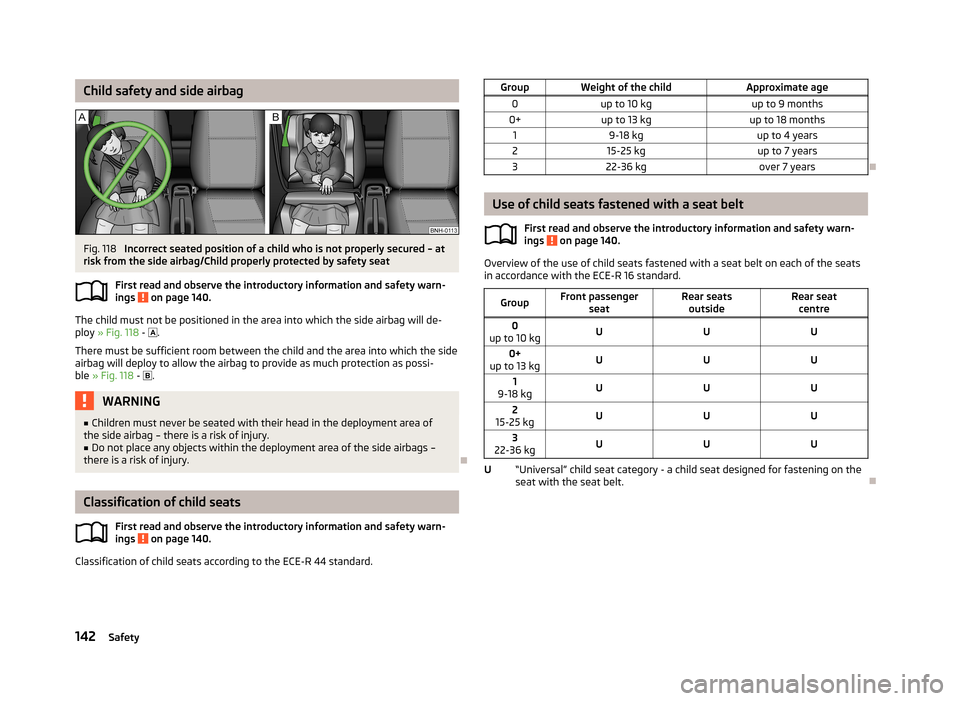 SKODA FABIA 2013 2.G / 5J Owners Manual Child safety and side airbagFig. 118
Incorrect seated position of a child who is not properly secured – at
risk from the side airbag/Child properly protected by safety seat
First read and observe t SKODA FABIA 2013 2.G / 5J Owners Manual Child safety and side airbagFig. 118
Incorrect seated position of a child who is not properly secured – at
risk from the side airbag/Child properly protected by safety seat
First read and observe t