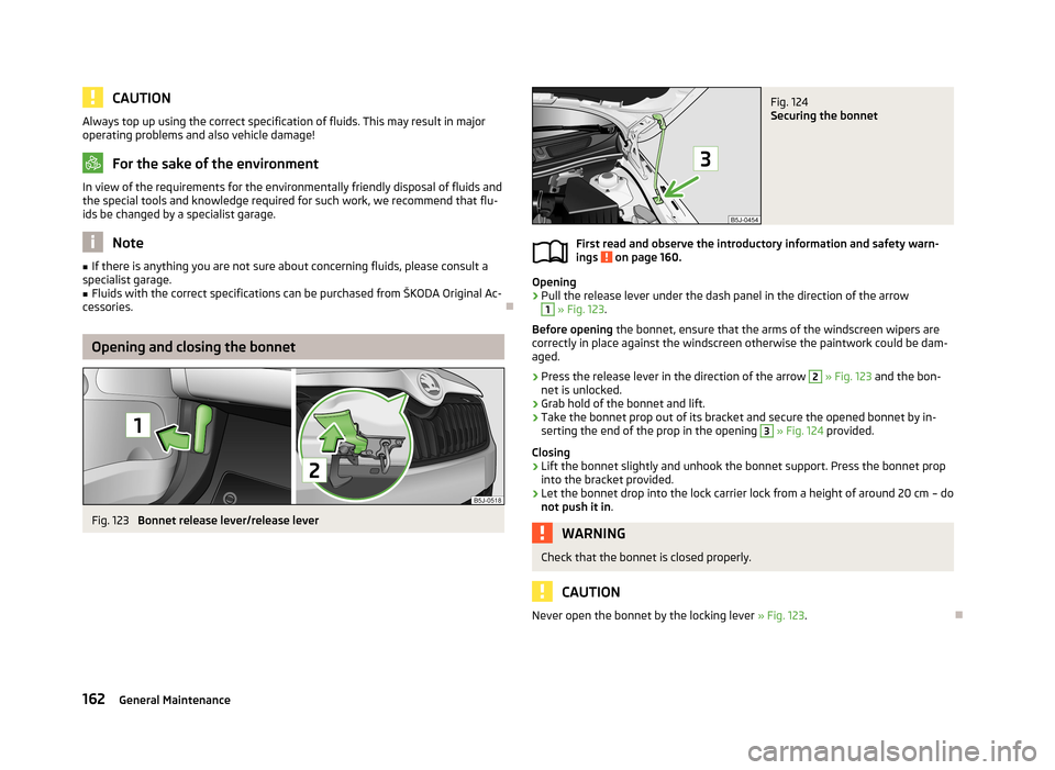 SKODA FABIA 2013 2.G / 5J Owners Manual CAUTIONAlways top up using the correct specification of fluids. This may result in major
operating problems and also vehicle damage!
For the sake of the environment
In view of the requirements for the