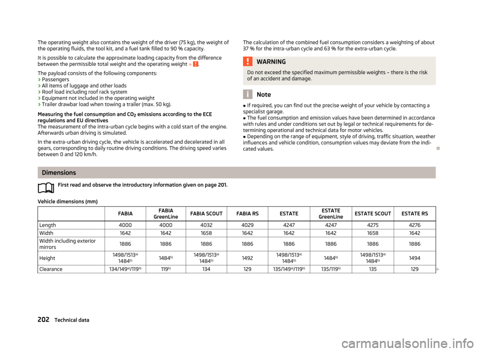 SKODA FABIA 2013 2.G / 5J Owners Manual The operating weight also contains the weight of the driver (75 kg), the weight of
the operating fluids, the tool kit, and a fuel tank filled to 90 % capacity.
It is possible to calculate the approxim SKODA FABIA 2013 2.G / 5J Owners Manual The operating weight also contains the weight of the driver (75 kg), the weight of
the operating fluids, the tool kit, and a fuel tank filled to 90 % capacity.
It is possible to calculate the approxim