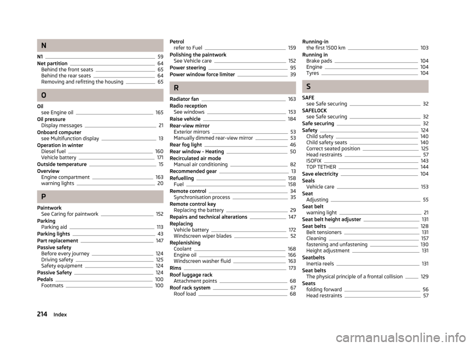 SKODA FABIA 2013 2.G / 5J User Guide N
N1
59
Net partition64
Behind the front seats65
Behind the rear seats64
Removing and refitting the housing65
O
Oil see Engine oil
165
Oil pressure Display messages
21
Onboard computer see Multifuncti