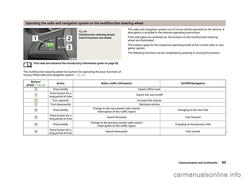 SKODA FABIA 2013 2.G / 5J Owners Manual Operating the radio and navigation system on the multifunction steering wheelFig. 84
Multifunction steering wheel:
Control buttons and wheel
First read and observe the introductory information given SKODA FABIA 2013 2.G / 5J Owners Manual Operating the radio and navigation system on the multifunction steering wheelFig. 84
Multifunction steering wheel:
Control buttons and wheel
First read and observe the introductory information given