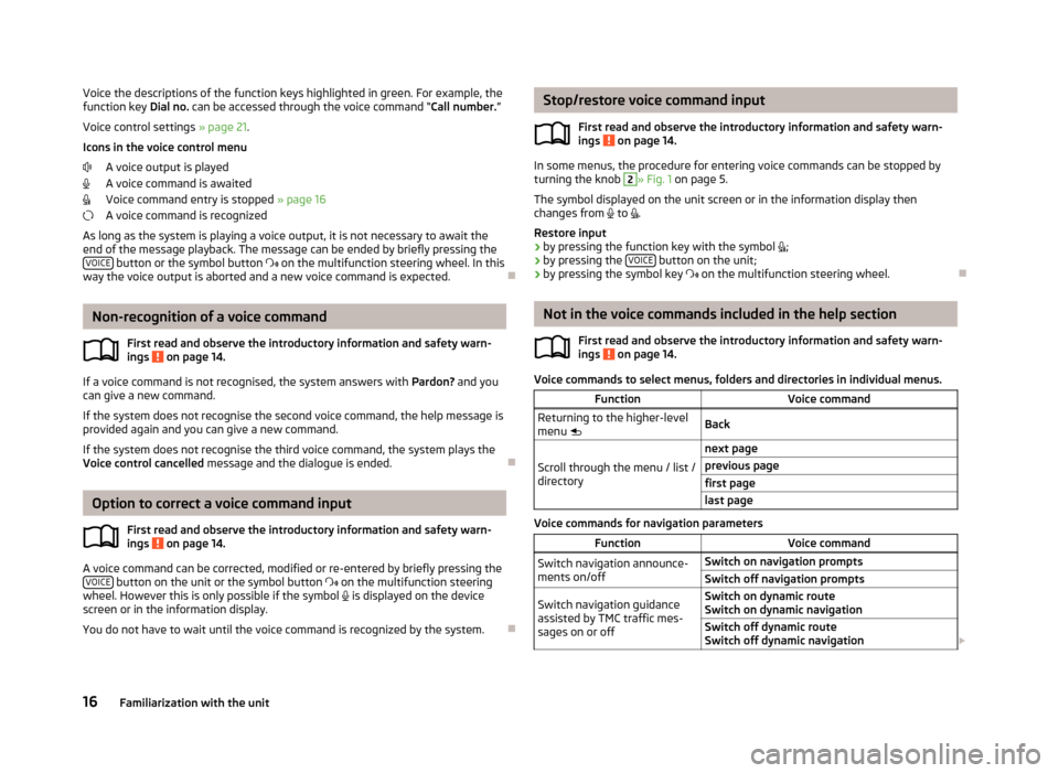 SKODA OCTAVIA 2013 3.G / (5E) Amundsen Navigation System Manual Voice the descriptions of the function keys highlighted in green. For example, thefunction key Dial no. can be accessed through the voice command “ Call number.”
Voice control settings » page 2 SKODA OCTAVIA 2013 3.G / (5E) Amundsen Navigation System Manual Voice the descriptions of the function keys highlighted in green. For example, thefunction key Dial no. can be accessed through the voice command “ Call number.”
Voice control settings » page 2