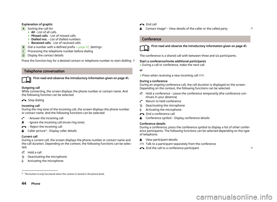 SKODA OCTAVIA 2013 3.G / (5E) Amundsen Navigation System Manual Explanation of graphicSorting the call list
› All
- List of all calls
› Missed calls
- List of missed calls
› Dialled nos.
- List of dialled numbers
› Received calls
- List of received cal SKODA OCTAVIA 2013 3.G / (5E) Amundsen Navigation System Manual Explanation of graphicSorting the call list
› All
- List of all calls
› Missed calls
- List of missed calls
› Dialled nos.
- List of dialled numbers
› Received calls
- List of received cal