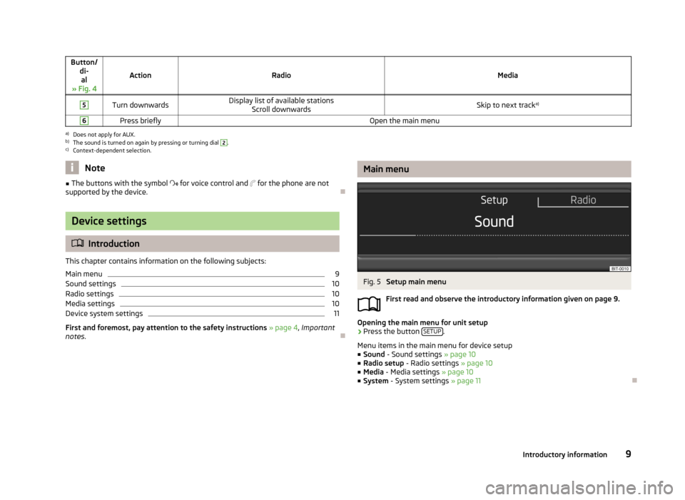SKODA OCTAVIA 2013 3.G / (5E) Blues Car Radio Manual Button/di-al
» Fig. 4
ActionRadioMedia
5Turn downwardsDisplay list of available stations Scroll downwardsSkip to next track a)6Press brieflyOpen the main menua)
Does not apply for AUX.
b)
The sound i SKODA OCTAVIA 2013 3.G / (5E) Blues Car Radio Manual Button/di-al
» Fig. 4
ActionRadioMedia
5Turn downwardsDisplay list of available stations Scroll downwardsSkip to next track a)6Press brieflyOpen the main menua)
Does not apply for AUX.
b)
The sound i