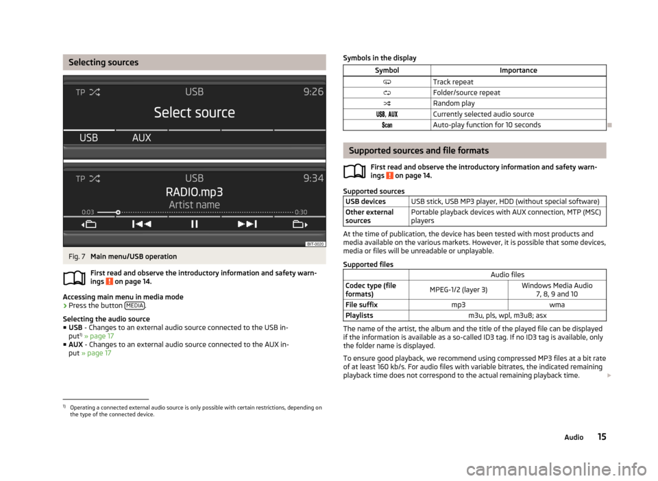 SKODA OCTAVIA 2013 3.G / (5E) Blues Car Radio Manual Selecting sourcesFig. 7
Main menu/USB operation
First read and observe the introductory information and safety warn-
ings
on page 14.
Accessing main menu in media mode
›
Press the button MEDIA.
SKODA OCTAVIA 2013 3.G / (5E) Blues Car Radio Manual Selecting sourcesFig. 7
Main menu/USB operation
First read and observe the introductory information and safety warn-
ings
on page 14.
Accessing main menu in media mode
›
Press the button MEDIA.