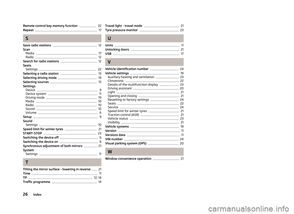 SKODA OCTAVIA 2013 3.G / (5E) Blues Car Radio Manual Remote control key memory function22
Repeat17
S
Save radio stations
12
Scan Media
17
Radio12
Search for radio stations12
Seats Settings
22
Selecting a radio station13
Selecting driving mode19
Selectin