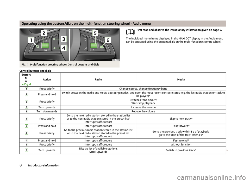 SKODA OCTAVIA 2013 3.G / (5E) Blues Car Radio Manual Operating using the buttons/dials on the multi-function steering wheel - Audio menuFig. 4
Multifunction steering wheel: Control buttons and dials
First read and observe the introductory information g SKODA OCTAVIA 2013 3.G / (5E) Blues Car Radio Manual Operating using the buttons/dials on the multi-function steering wheel - Audio menuFig. 4
Multifunction steering wheel: Control buttons and dials
First read and observe the introductory information g