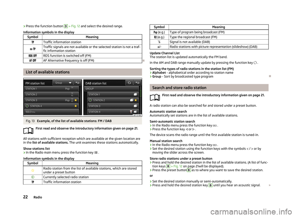 SKODA OCTAVIA 2013 3.G / (5E) Bolero Car Radio Manual ›Press the function button D 
» Fig. 12  and select the desired range.
Information symbols in the displaySymbolMeaningTraffic information station  Traffic signals are not availabl