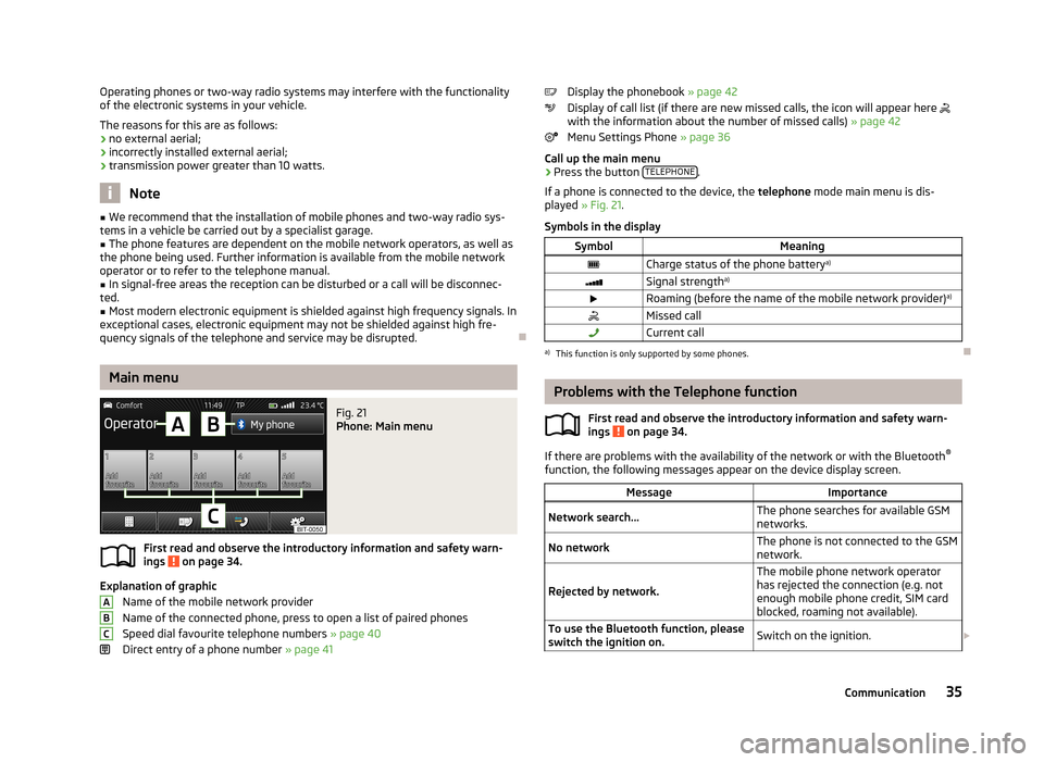 SKODA OCTAVIA 2013 3.G / (5E) Bolero Car Radio Manual Operating phones or two-way radio systems may interfere with the functionality
of the electronic systems in your vehicle.
The reasons for this are as follows:
› no external aerial;
› incorrectly i