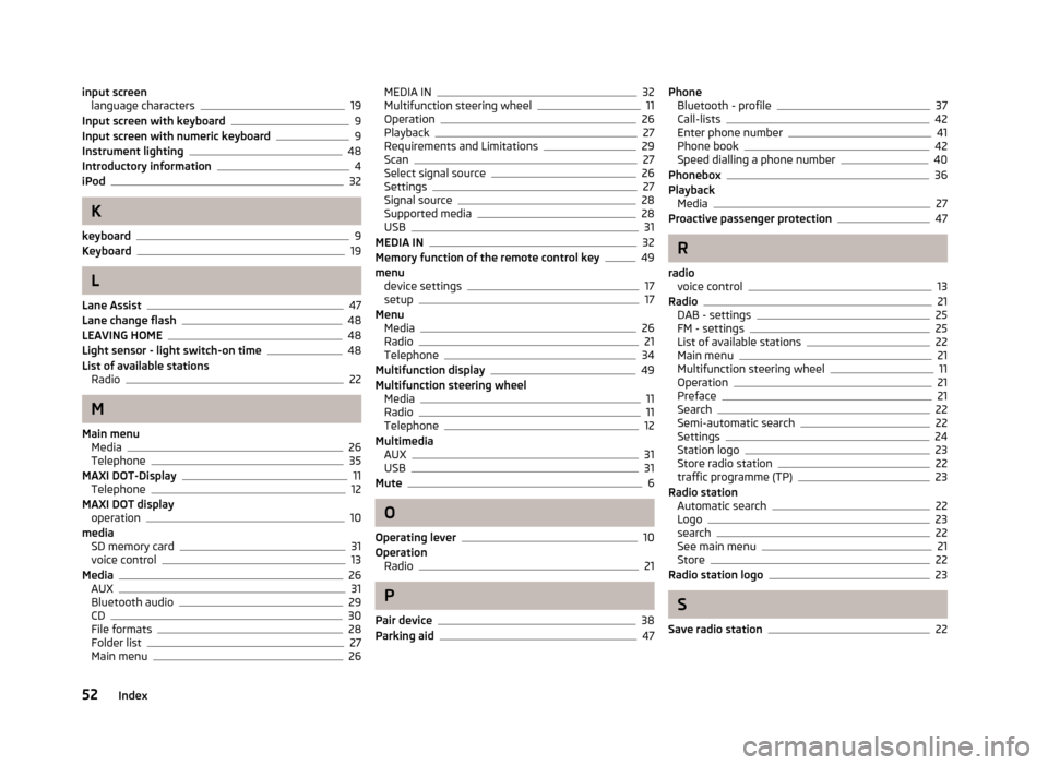 SKODA OCTAVIA 2013 3.G / (5E) Bolero Car Radio Manual input screenlanguage characters19
Input screen with keyboard9
Input screen with numeric keyboard9
Instrument lighting48
Introductory information4
iPod32
K
keyboard
9
Keyboard19
L
Lane Assist
47
Lane c