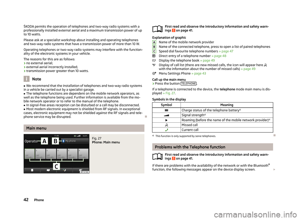 SKODA OCTAVIA 2013 3.G / (5E) Columbus Navigation System Manual ŠKODA permits the operation of telephones and two-way radio systems with a
professionally installed external aerial and a maximum transmission power of up to 10 watts.
Please ask at a specialist work SKODA OCTAVIA 2013 3.G / (5E) Columbus Navigation System Manual ŠKODA permits the operation of telephones and two-way radio systems with a
professionally installed external aerial and a maximum transmission power of up to 10 watts.
Please ask at a specialist work