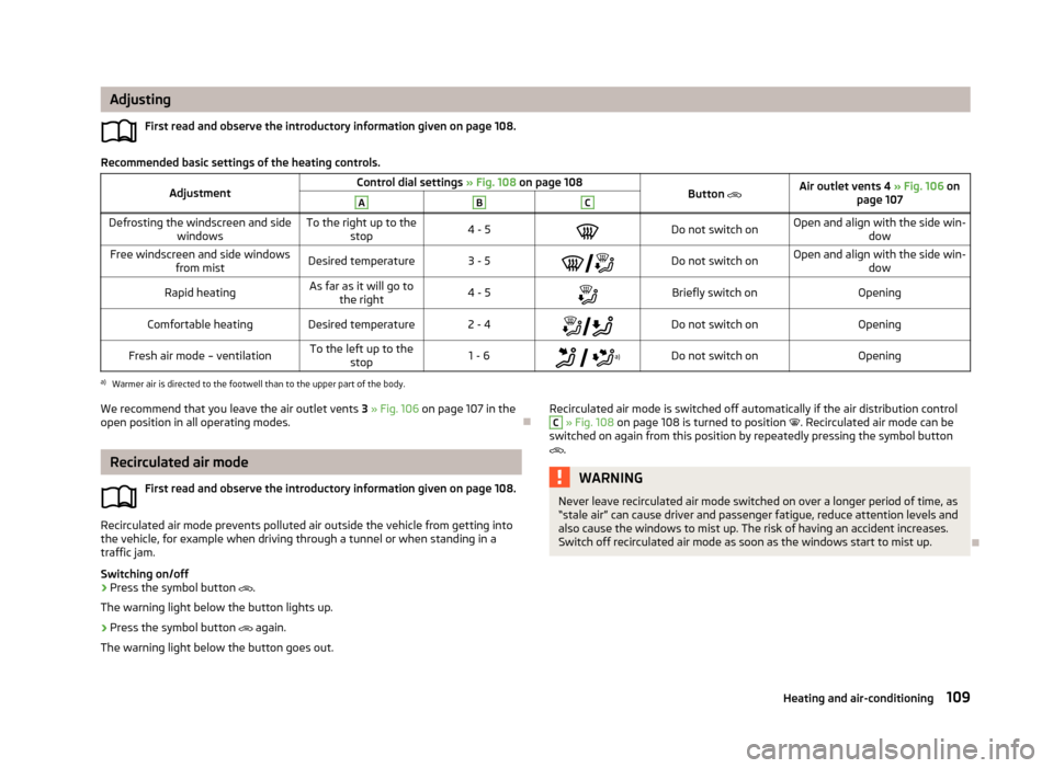 SKODA OCTAVIA 2013 3.G / (5E) User Guide AdjustingFirst read and observe the introductory information given on page 108.
Recommended basic settings of the heating controls.
AdjustmentControl dial settings » Fig. 108 on page 108Button Ai SKODA OCTAVIA 2013 3.G / (5E) User Guide AdjustingFirst read and observe the introductory information given on page 108.
Recommended basic settings of the heating controls.
AdjustmentControl dial settings » Fig. 108 on page 108Button Ai