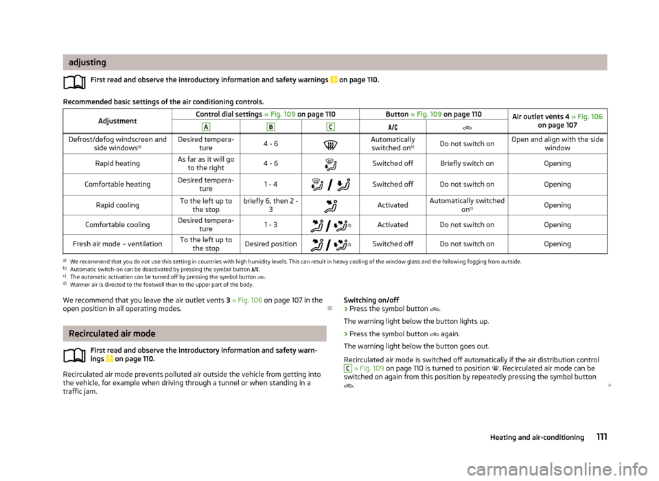 SKODA OCTAVIA 2013 3.G / (5E) Owners Manual adjustingFirst read and observe the introductory information and safety warnings 
 on page 110.
Recommended basic settings of the air conditioning controls.
AdjustmentControl dial settings  » Fig. 10