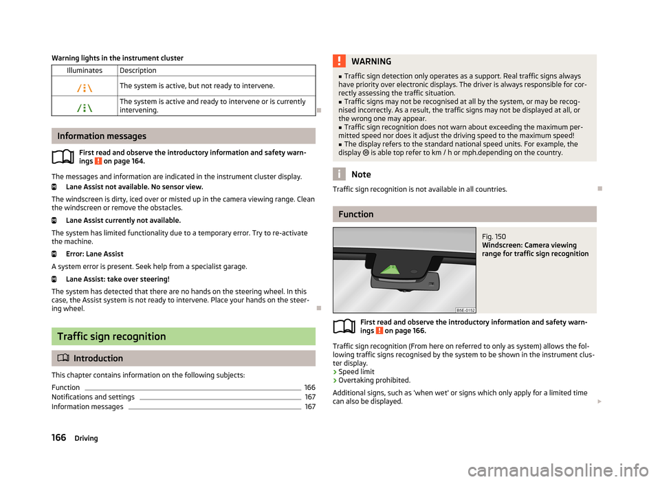 SKODA OCTAVIA 2013 3.G / (5E) Owners Manual Warning lights in the instrument clusterIlluminatesDescriptionThe system is active, but not ready to intervene.The system is active and ready to intervene or is currently
intervening.
Inform SKODA OCTAVIA 2013 3.G / (5E) Owners Manual Warning lights in the instrument clusterIlluminatesDescriptionThe system is active, but not ready to intervene.The system is active and ready to intervene or is currently
intervening.
Inform