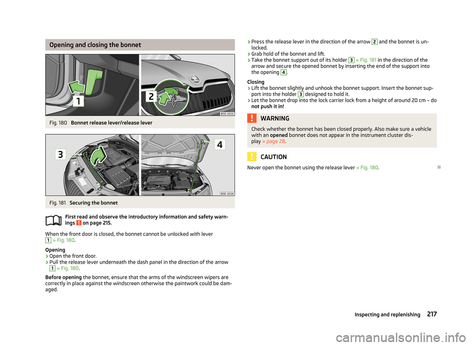 SKODA OCTAVIA 2013 3.G / (5E) Owners Manual Opening and closing the bonnetFig. 180
Bonnet release lever/release lever
Fig. 181
Securing the bonnet
First read and observe the introductory information and safety warn-
ings
on page 215.
When t SKODA OCTAVIA 2013 3.G / (5E) Owners Manual Opening and closing the bonnetFig. 180
Bonnet release lever/release lever
Fig. 181
Securing the bonnet
First read and observe the introductory information and safety warn-
ings
on page 215.
When t