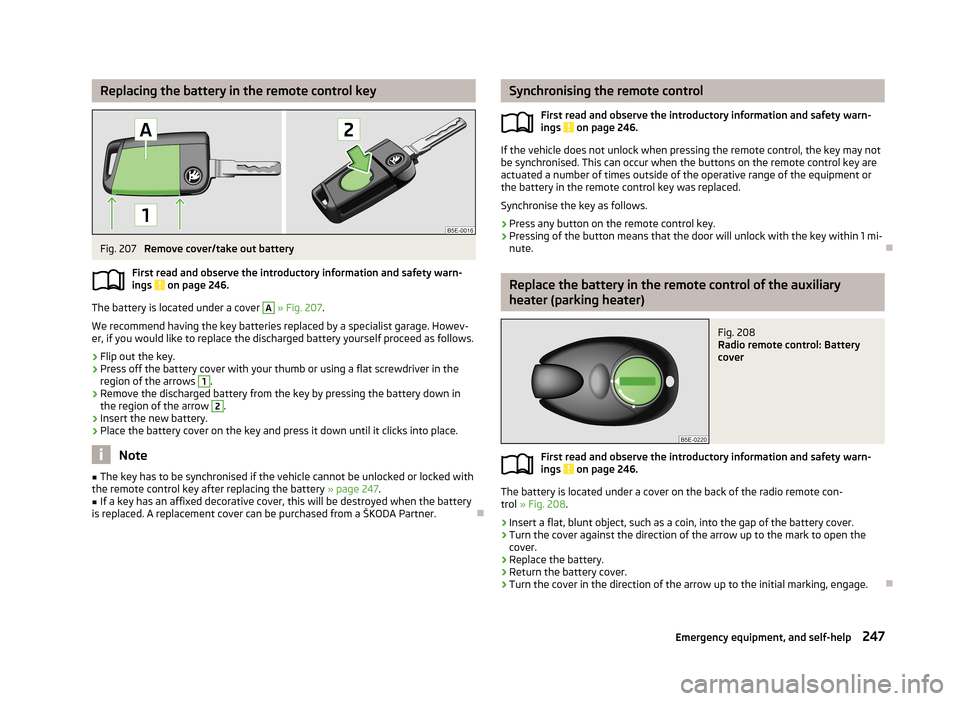 SKODA OCTAVIA 2013 3.G / (5E) Owners Manual Replacing the battery in the remote control keyFig. 207
Remove cover/take out battery
First read and observe the introductory information and safety warn-
ings
on page 246.
The battery is located u SKODA OCTAVIA 2013 3.G / (5E) Owners Manual Replacing the battery in the remote control keyFig. 207
Remove cover/take out battery
First read and observe the introductory information and safety warn-
ings
on page 246.
The battery is located u