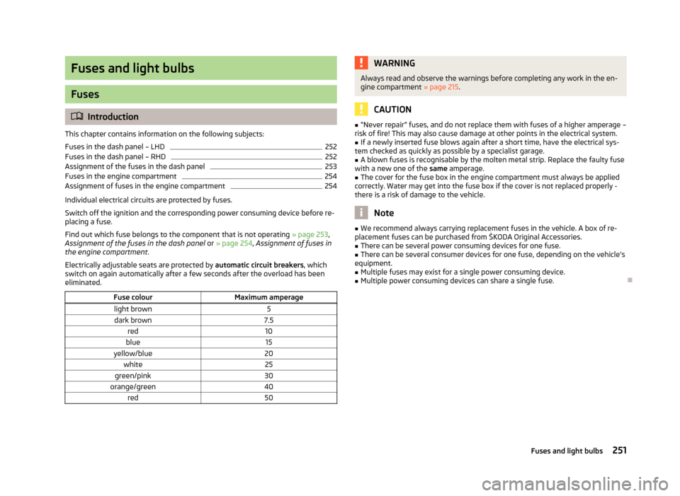 SKODA OCTAVIA 2013 3.G / (5E) Owners Manual Fuses and light bulbs
Fuses
Introduction
This chapter contains information on the following subjects:
Fuses in the dash panel – LHD
252
Fuses in the dash panel – RHD
252
Assignment of the fuses