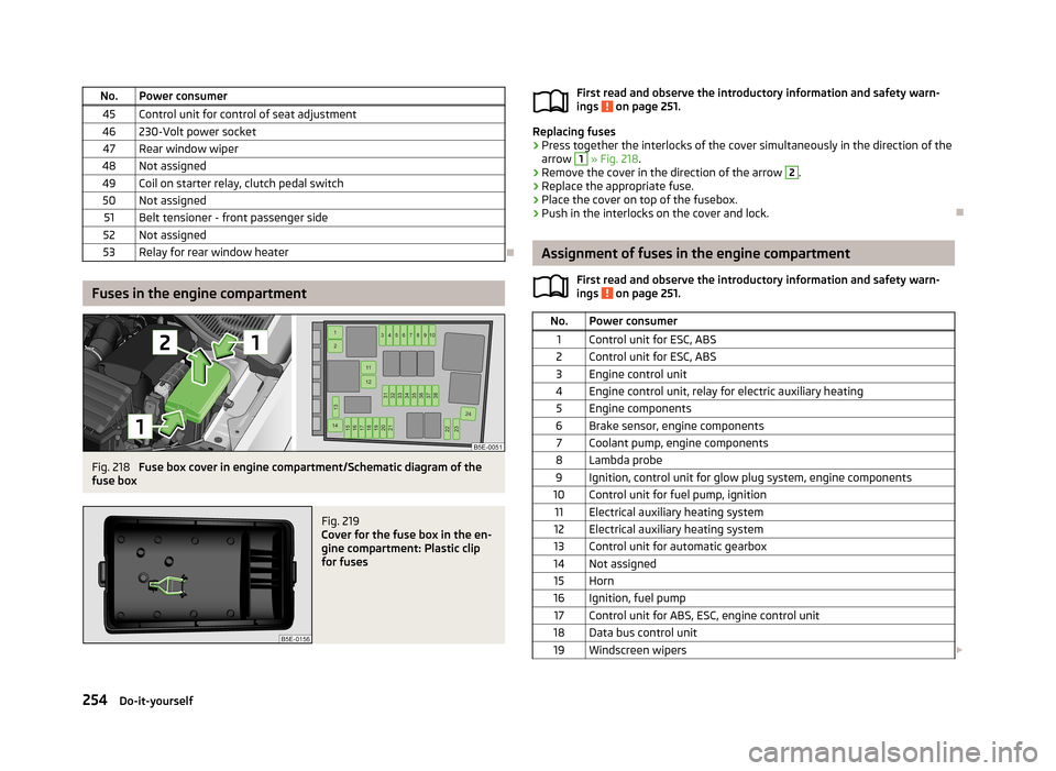 SKODA OCTAVIA 2013 3.G / (5E) Owners Manual No.Power consumer45Control unit for control of seat adjustment46230-Volt power socket47Rear window wiper48Not assigned49Coil on starter relay, clutch pedal switch50Not assigned51Belt tensioner - front