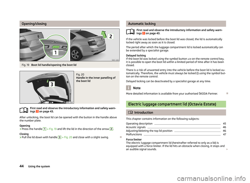 SKODA OCTAVIA 2013 3.G / (5E) Service Manual Opening/closingFig. 19
Boot lid handle/opening the boot lid
Fig. 20
Handle in the inner panelling of
the boot lid
First read and observe the introductory information and safety warn-
ings on page 4 SKODA OCTAVIA 2013 3.G / (5E) Service Manual Opening/closingFig. 19
Boot lid handle/opening the boot lid
Fig. 20
Handle in the inner panelling of
the boot lid
First read and observe the introductory information and safety warn-
ings on page 4