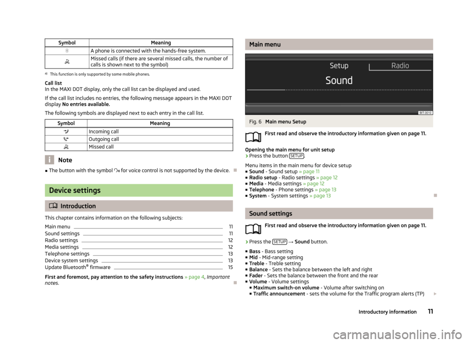 SKODA OCTAVIA 2013 3.G / (5E) Swing Car Radio Manual SymbolMeaningA phone is connected with the hands-free system.Missed calls (if there are several missed calls, the number ofcalls is shown next to the symbol)a)
This function is only supported by SKODA OCTAVIA 2013 3.G / (5E) Swing Car Radio Manual SymbolMeaningA phone is connected with the hands-free system.Missed calls (if there are several missed calls, the number ofcalls is shown next to the symbol)a)
This function is only supported by