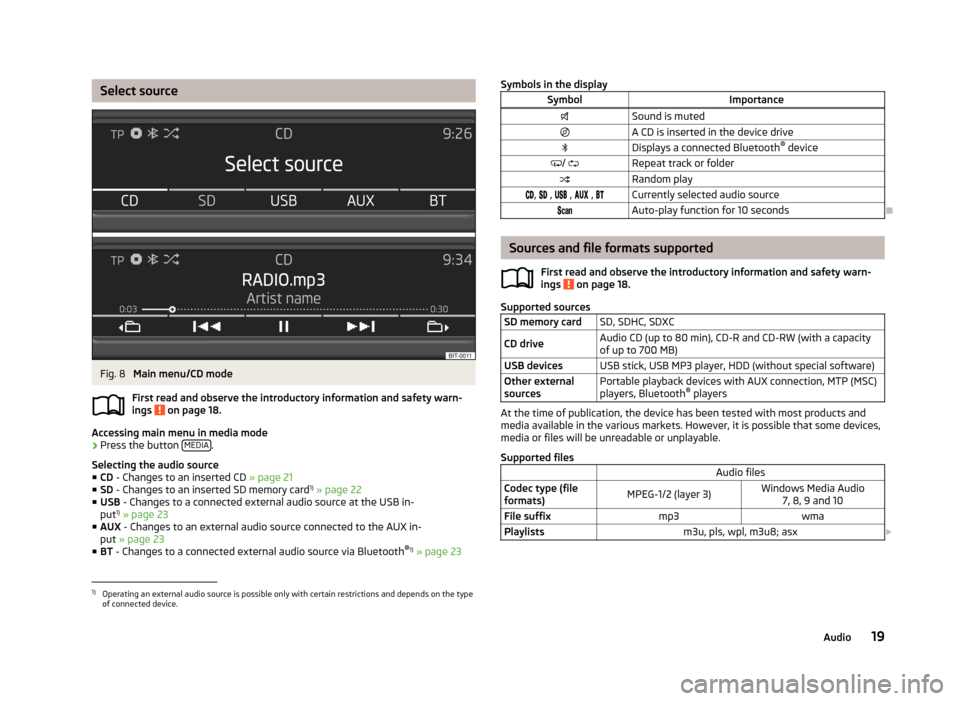 SKODA OCTAVIA 2013 3.G / (5E) Swing Car Radio Manual Select sourceFig. 8 
Main menu/CD mode
First read and observe the introductory information and safety warn-
ings 
 on page 18.
Accessing main menu in media mode
›
Press the button  MEDIA.
Selecting 