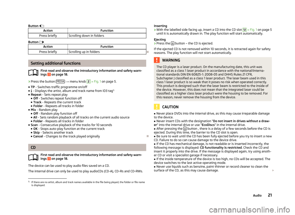 SKODA OCTAVIA 2013 3.G / (5E) Swing Car Radio Manual Button ActionFunctionPress brieflyScrolling down in folders
Button  
ActionFunctionPress brieflyScrolling up in folders

Setting additional functions
First read and observe the introduc