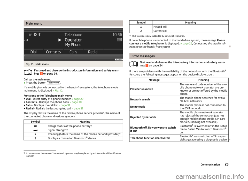 SKODA OCTAVIA 2013 3.G / (5E) Swing Car Radio Manual Main menuFig. 10 
Main menu
First read and observe the introductory information and safety warn- ings 
 on page 24.
Call up the main menu
›
Press the button  TELEPHONE.
If a mobile phone is connecte