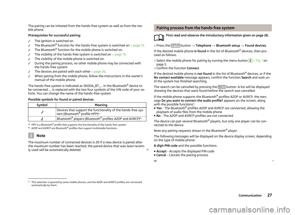 SKODA OCTAVIA 2013 3.G / (5E) Swing Car Radio Manual The pairing can be initiated from the hands-free system as well as from the mo-
bile phone.
Prerequisites for successful pairing: The ignition is switched on.
The Bluetooth ®
 function for the hands-