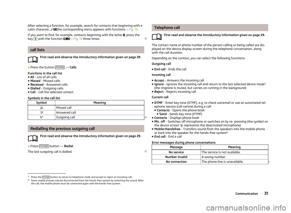 SKODA OCTAVIA 2013 3.G / (5E) Swing Car Radio Manual After selecting a function, for example, search for contacts that beginning with a
Latin character,   the corresponding menu appears with functions  » Fig. 13 .
If you want to find, for e