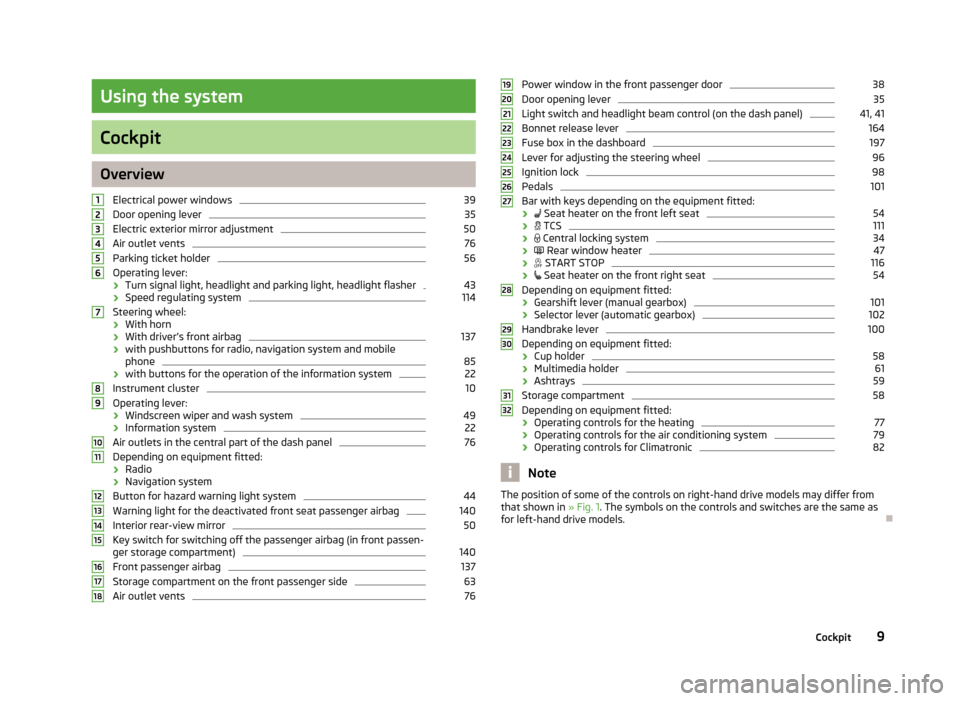 SKODA RAPID 2013 1.G User Guide Using the system
Cockpit
OverviewElectrical power windows
39
Door opening lever
35
Electric exterior mirror adjustment
50
Air outlet vents
76
Parking ticket holder
56
Operating lever:
› Turn signal 