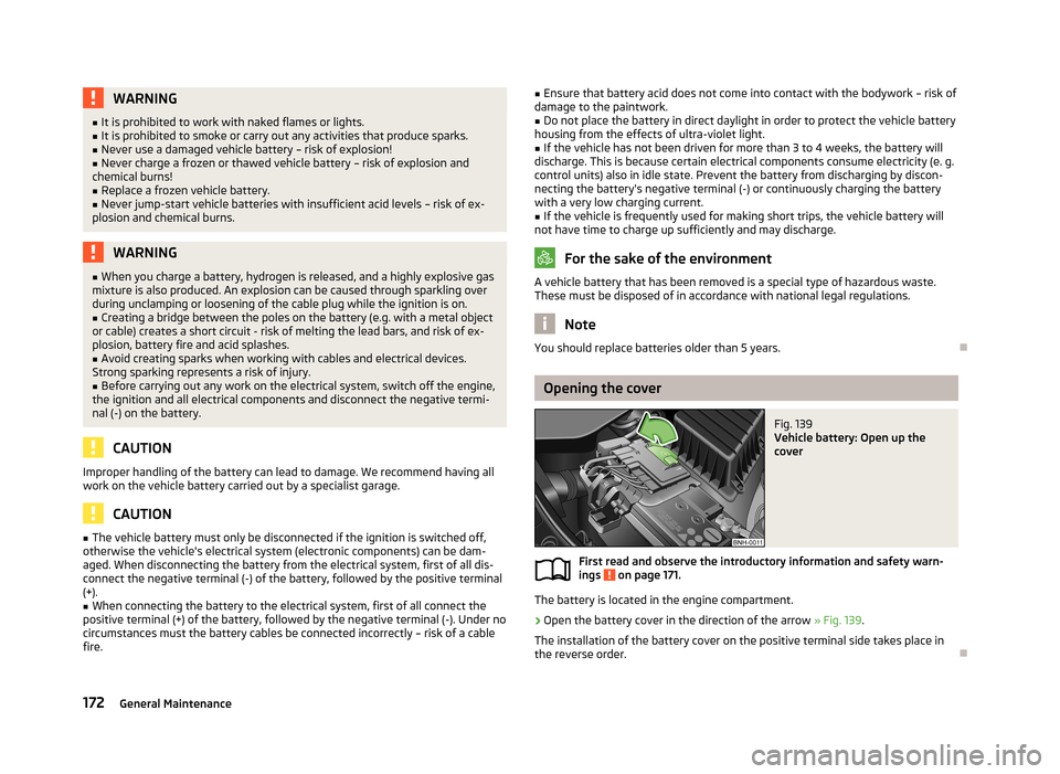 SKODA RAPID 2013 1.G Owners Manual WARNING■It is prohibited to work with naked flames or lights.■It is prohibited to smoke or carry out any activities that produce sparks.■
Never use a damaged vehicle battery – risk of explosio