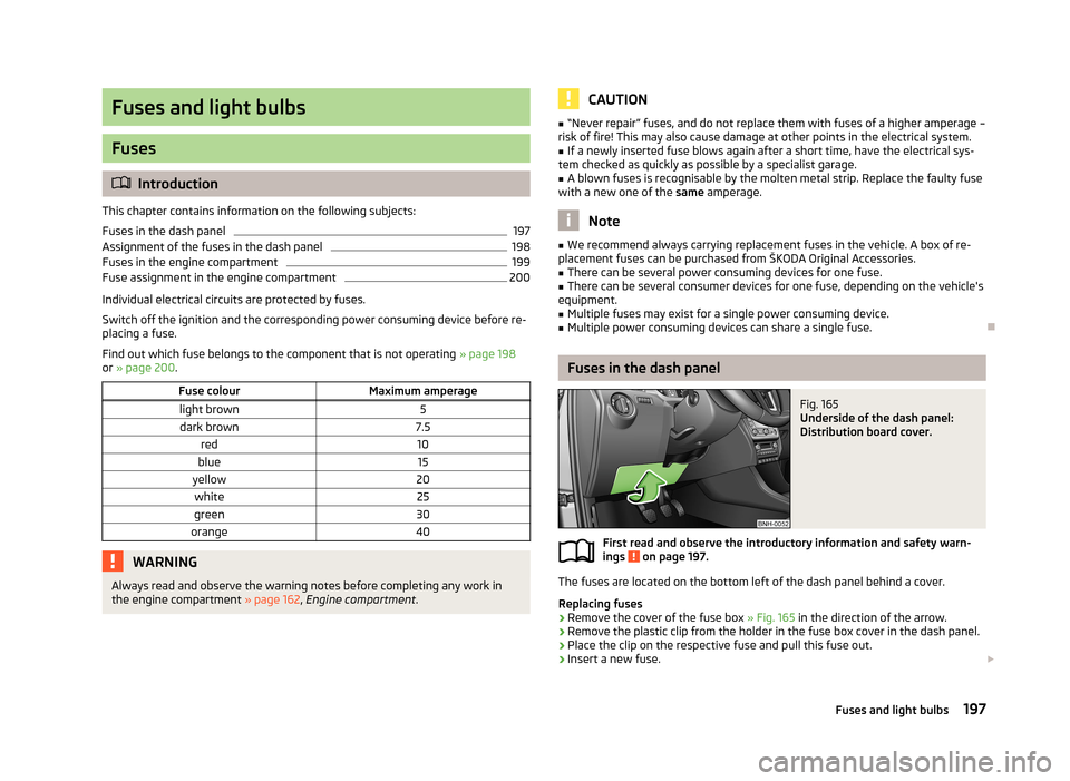 SKODA RAPID 2013 1.G Owners Manual Fuses and light bulbs
Fuses
Introduction
This chapter contains information on the following subjects:
Fuses in the dash panel
197
Assignment of the fuses in the dash panel
198
Fuses in the engine c SKODA RAPID 2013 1.G Owners Manual Fuses and light bulbs
Fuses
Introduction
This chapter contains information on the following subjects:
Fuses in the dash panel
197
Assignment of the fuses in the dash panel
198
Fuses in the engine c