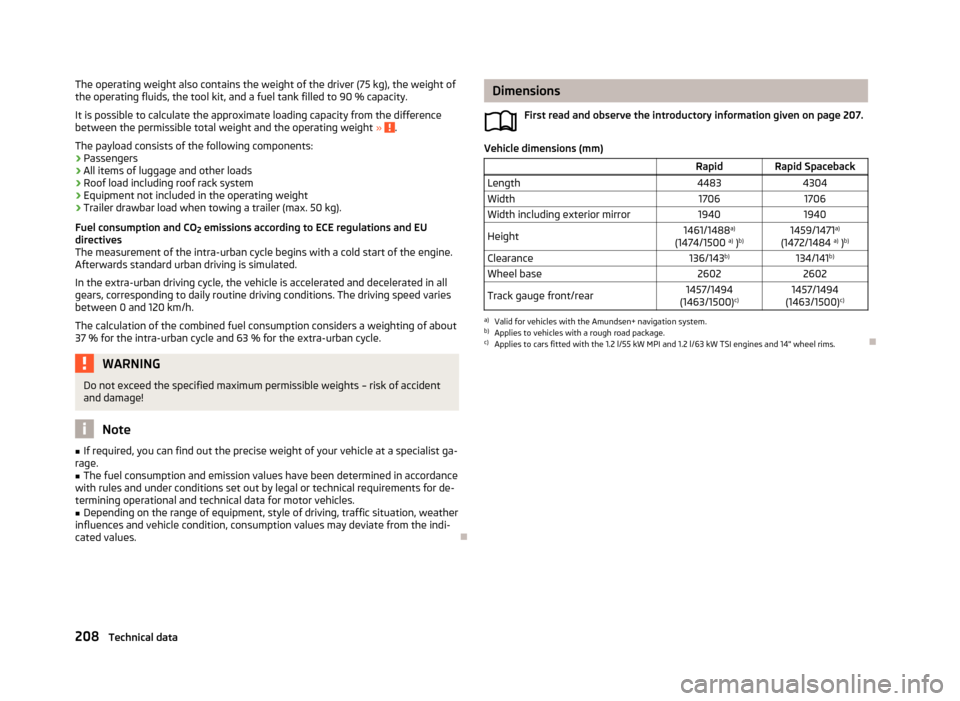 SKODA RAPID 2013 1.G User Guide The operating weight also contains the weight of the driver (75 kg), the weight ofthe operating fluids, the tool kit, and a fuel tank filled to 90 % capacity.
It is possible to calculate the approxima SKODA RAPID 2013 1.G User Guide The operating weight also contains the weight of the driver (75 kg), the weight ofthe operating fluids, the tool kit, and a fuel tank filled to 90 % capacity.
It is possible to calculate the approxima