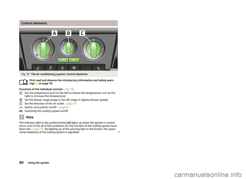 SKODA RAPID 2013 1.G Owners Manual Control elementsFig. 79 
The air conditioning system: Control elements
First read and observe the introductory information and safety warn- ings 
 on page 79.
Functions of the individual controls  » 