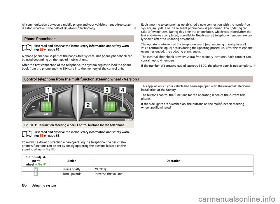 SKODA RAPID 2013 1.G Manual Online All communication between a mobile phone and your vehicles hands-free systemis established with the help of Bluetooth ®
technology.
Phone Phonebook
First read and observe the introductory inform SKODA RAPID 2013 1.G Manual Online All communication between a mobile phone and your vehicles hands-free systemis established with the help of Bluetooth ®
technology.
Phone Phonebook
First read and observe the introductory inform