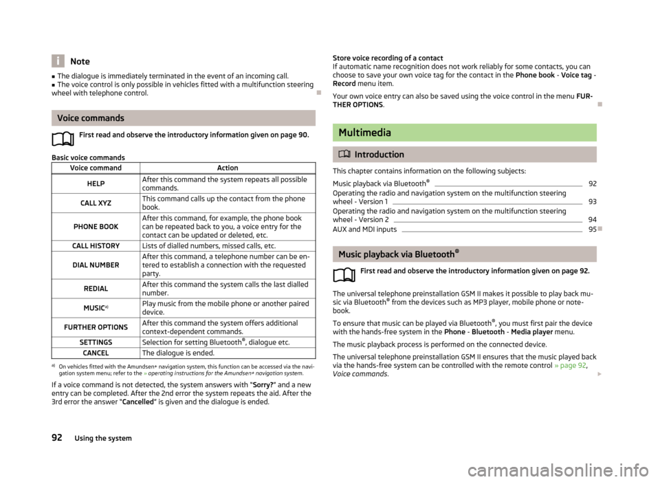 SKODA RAPID 2013 1.G Owners Manual Note■The dialogue is immediately terminated in the event of an incoming call.■The voice control is only possible in vehicles fitted with a multifunction steering
wheel with telephone control.

