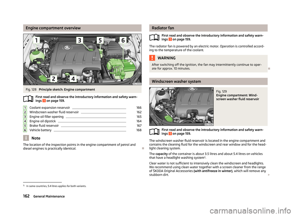 SKODA ROOMSTER 2013 1.G Owners Manual Engine compartment overviewFig. 128 
Principle sketch: Engine compartment
First read and observe the introductory information and safety warn- ings 
 on page 159.
Coolant expansion reservoir
166
Winds