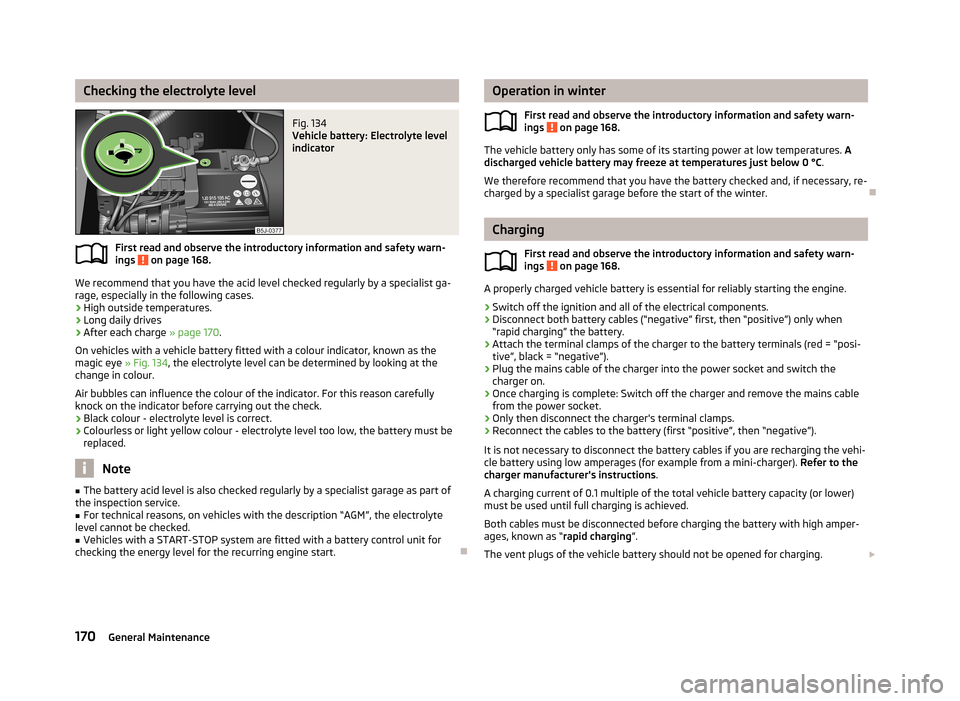SKODA ROOMSTER 2013 1.G Owners Manual Checking the electrolyte levelFig. 134 
Vehicle battery: Electrolyte level
indicator
First read and observe the introductory information and safety warn-
ings  on page 168.
We recommend that you have 