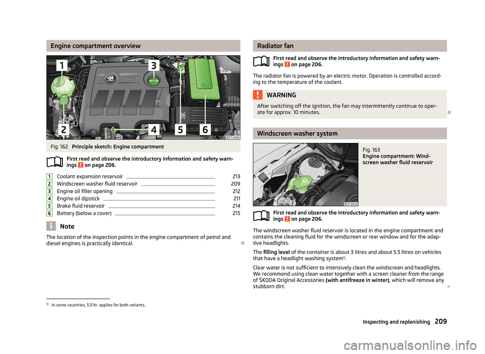 SKODA SUPERB 2013 2.G / (B6/3T) Owners Manual Engine compartment overviewFig. 162 
Principle sketch: Engine compartment
First read and observe the introductory information and safety warn- ings 
 on page 206.
Coolant expansion reservoir
213
Winds