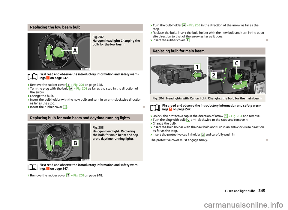 SKODA SUPERB 2013 2.G / (B6/3T) Owners Manual Replacing the low beam bulbFig. 202
Halogen headlight: Changing the
bulb for the low beam
First read and observe the introductory information and safety warn-
ings on page 247.
›
Remove the rubber SKODA SUPERB 2013 2.G / (B6/3T) Owners Manual Replacing the low beam bulbFig. 202
Halogen headlight: Changing the
bulb for the low beam
First read and observe the introductory information and safety warn-
ings on page 247.
›
Remove the rubber