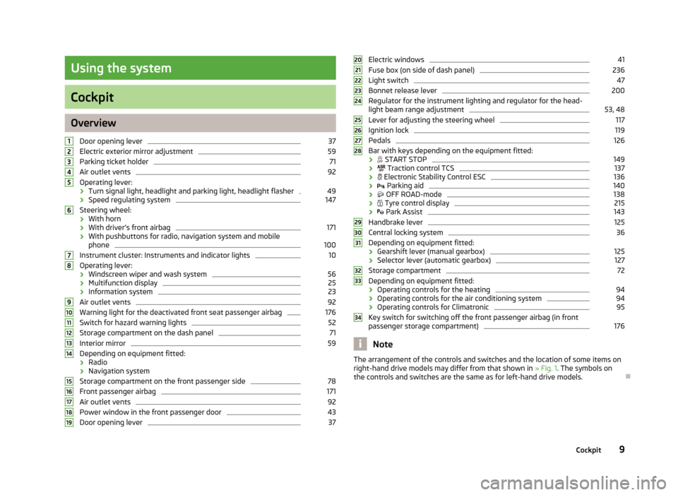 SKODA YETI 2013 1.G / 5L Owners Manual Using the system
Cockpit
OverviewDoor opening lever
37
Electric exterior mirror adjustment
59
Parking ticket holder
71
Air outlet vents
92
Operating lever:
› Turn signal light, headlight and parking