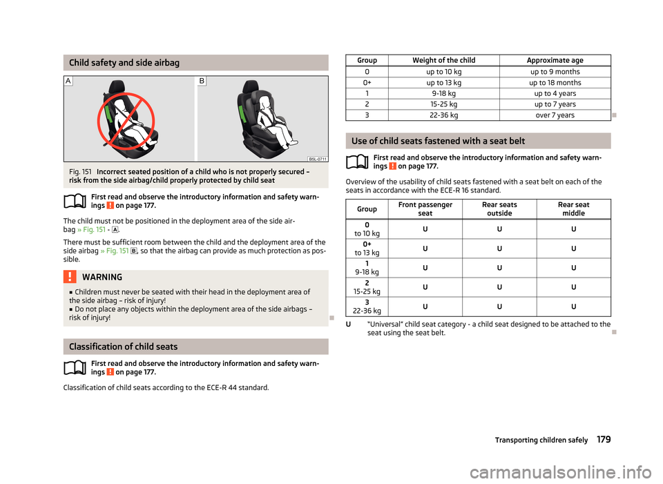 SKODA YETI 2013 1.G / 5L Owners Manual Child safety and side airbagFig. 151
Incorrect seated position of a child who is not properly secured –
risk from the side airbag/child properly protected by child seat
First read and observe the i SKODA YETI 2013 1.G / 5L Owners Manual Child safety and side airbagFig. 151
Incorrect seated position of a child who is not properly secured –
risk from the side airbag/child properly protected by child seat
First read and observe the i
