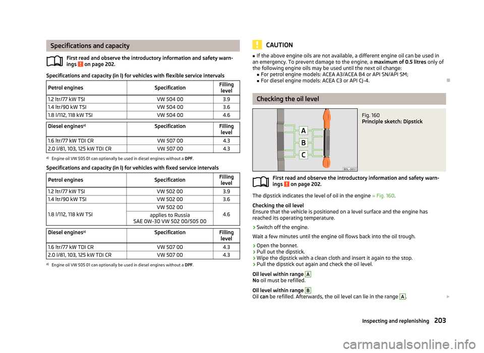 SKODA YETI 2013 1.G / 5L Owners Guide Specifications and capacityFirst read and observe the introductory information and safety warn-
ings
on page 202.
Specifications and capacity (in l) for vehicles with flexible service intervals
Petr SKODA YETI 2013 1.G / 5L Owners Guide Specifications and capacityFirst read and observe the introductory information and safety warn-
ings
on page 202.
Specifications and capacity (in l) for vehicles with flexible service intervals
Petr